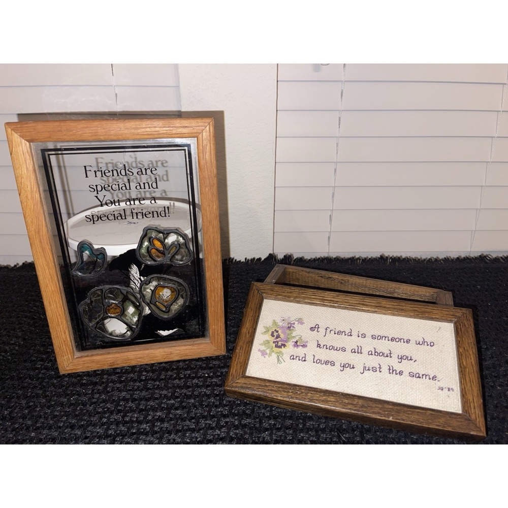 Vintage 80's Friendship Stained Glass‎ Sign And Wood Jewelry Box W/ Embroidery